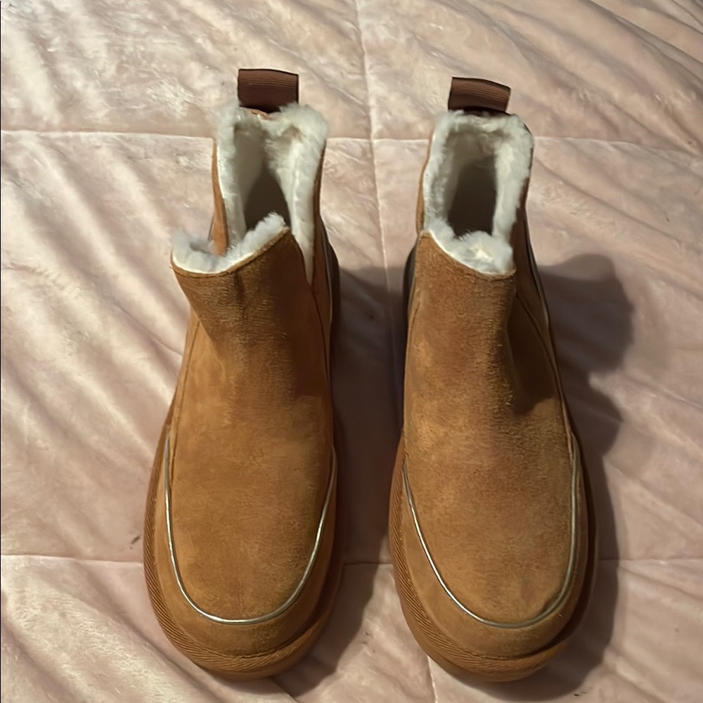 Tan Slip-On Boots with Suede Material and Fuzzy Lining